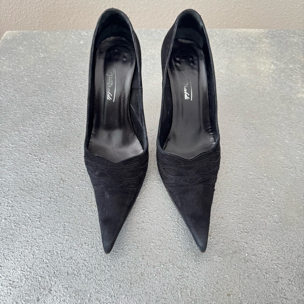 Fittipaldi Women Pointed Toe Heels Size 8 Black Suede Leather Pumps Italy made